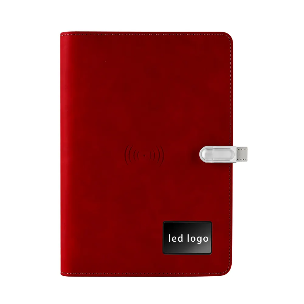 Notebook kulit PU logo lampu LED, notebook kulit PU dengan Disk USB dan power bank 3 kabel kepala pengisian notebook nirkabel