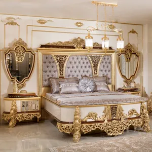 אימפריה בסגנון קלאסי יוקרה קינג סייז מסגרת מיטה מעץ מלא זהב גילוף עץ גילוף מיטה אירופאית עם ארון בגדים