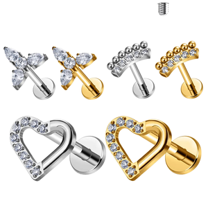 Vente en gros de bijoux de piercing corporel en titane ASTM F136 à filetage interne, avec zircone cubique et dos plat, pour labret, lèvre, tragus, hélix et cartilage - Product Image 1