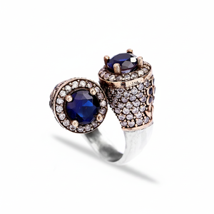 Double Forme Ronde Saphir Zircon Pierre Elégant Design Ottoman Bijoux Vente en Gros Artisanal Authentique Bague en Argent - Product Image 2