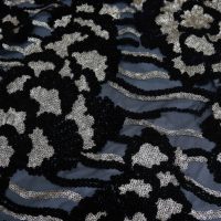 Tissu en maille à sequins noir et argenté abstrait en polyester, fourni par l'usine, pour robes de soirée et costumes de scène