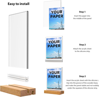 Support de présentation A5 en acrylique imprimé UV avec base en bois naturel à double fente, transparent, double couche, pour cartes de menu, design vertical, facile à utiliser