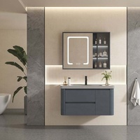 Ensemble de meuble-lavabo mural bleu simple en PVC de 40 pouces avec vasque en céramique et armoire miroir LED, personnalisable en gros