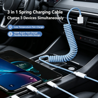 Câble de charge USB rétractable tressé à ressort spiralé de 1,5 m avec connecteurs multiples pour voiture et téléphone portable, usage quotidien