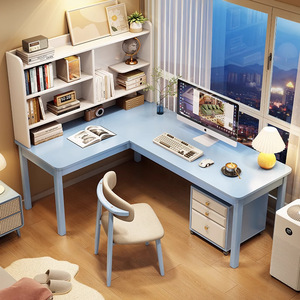 โต๊ะทำงานรูปตัว L แบบ 7 ทิศทางทันสมัย พร้อมชั้นวางหนังสือในตัว โต๊ะเขียนหนังสือไม้จริงสำหรับอพาร์ทเมนต์ขนาดเล็ก ใช้พื้นที่ได้อย่างเหมาะสม - Product Image 6