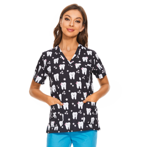 Touchhealthy Customized Logo V Neck Digital Printing Printed Short Sleeve <b>Top</b> Womens Scrubs Hospital Medical Womens Scrubs - Product Image 6