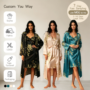 Set <span class=keywords><strong>Pigiama</strong></span> Due Pezzi da <span class=keywords><strong>Donna</strong></span> in Raso con Logo Personalizzato, Vestaglia con Lacci e Camicia da Notte, Sottile, Lunghezza Media, Stampato - Product Image 1