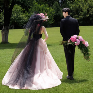 Mori Girl Style Strapless Pink Tulle Wedding Dress Ball Gown Natural Waistline Butterfly Embroidery Photo Shoot Attire - Product Image 4