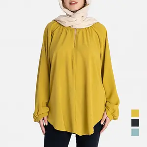Orta doğu müslüman pileli bluz kadınlar için moda basit orta uzunlukta bluzlar temel fener kollu Casual gömlek toptan Tops