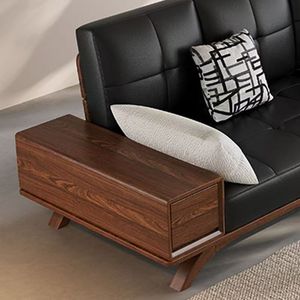Black Leather Walnut Wood Minimalist <b>Sofa</b> With Storage Living Room Furniture Large Size Modern Design - Product Image 3