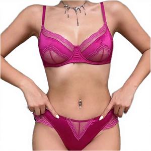 Franse stijl ultradunne sexy glanzende 2-delige bh-set ODM dobby stof laaggetailleerde kantversiering ademend uitgesneden ontwerp - Product Image 4