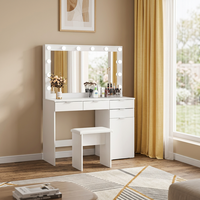 Coiffeuse moderne éclairée avec panneau en bois, miroir intégré, design blanc pour chambre à coucher