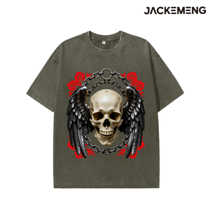 T-shirt Oversize con Stampa Teschio Realistico, Ali Nere, Catena Metallica e Fiori Rossi - Stile Dark Goth Casual - Disponibilità USA - Ingrosso - Product Image 2