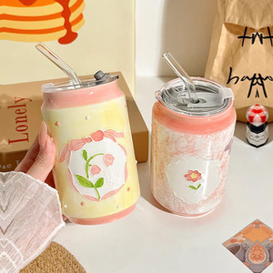 New Product Hand Painted Flower Ceramic Coffee Mug 500ml Can Shaped Ceramic Cups with Lid and Straw - Product Image 5
