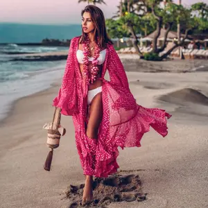 MIO महिलाओं गर्मियों सनस्क्रीन बिकनी Swimwear के समुद्र तट कवर अप पोल्का डॉट शिफॉन लंबी आस्तीन कार्डिगन बिकनी कवर अप वी गर्दन पोशाक