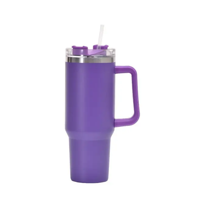 Tasse isolante à café en paille de 40oz avec poignée Bouteille d'eau portable en acier inoxydable pour voiture Grande capacité Tasse thermique de voyage sans BPA