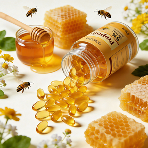 תמצית פרופוליס דבורים טבעית, תואמת תקן GMP של יצרן מקורי (OEM), 5 10HDA, חלאל, בכמוסות רכות. - Product Image 6