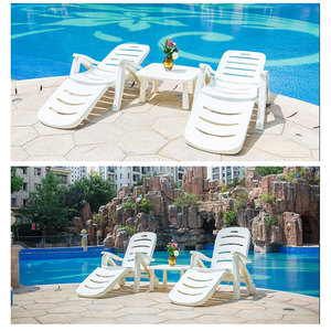 <b>Plastic</b> Sun Lounger Chair With <b>Table</b> White Reclining Outdoor Beach Pool Folding Manual Tilting Lounge Chair - Product Image 5