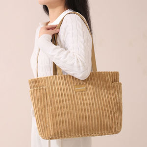 Bolsa de compras vintage, bolso de hombro informal y duradero, de pana de color liso para mujer, reutilizable - Product Image 4