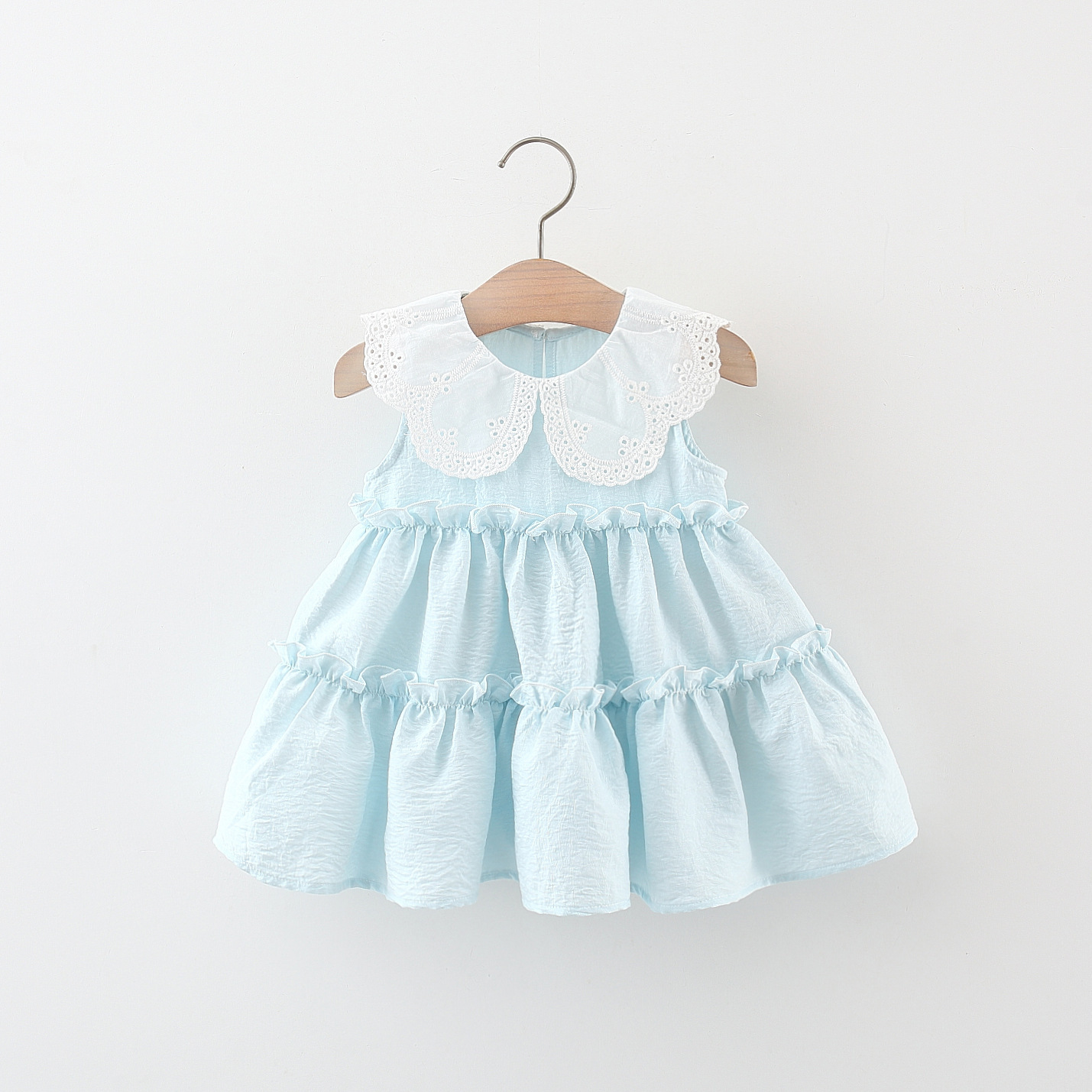 Llace collar stitching summer dress blue