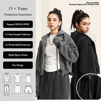 Hoodie court vintage délavé pour femme, fermeture éclair double sens, poches plaquées, poids lourd 400 GSM, streetwear, épaules tombantes