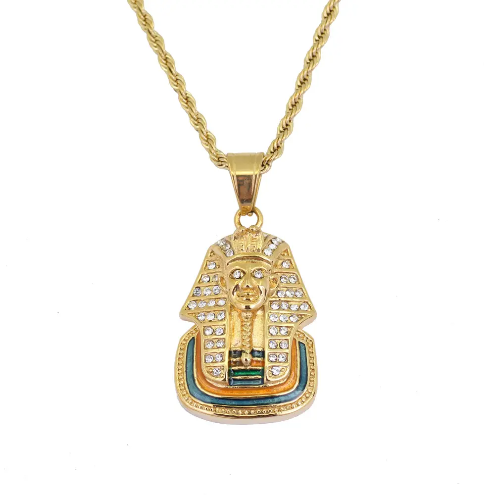 Hip Hop Tutankhamun Kalung Buddha Afrika Emas Kuno & Liontin Manik-manik Rantai Panjang Hadiah Perhiasan untuk Pria Wanita