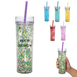 Copo de Plástico com Canudo Brilhante de 16oz Personalizável com Logo, Garrafa de Água Portátil para Homens e Mulheres - Product Image 1