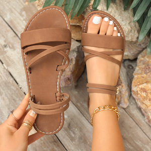 Sandales compensées tendance pour femme, grande taille, style rétro, à bride unique et croisée, pour l'été et la plage - Product Image 1