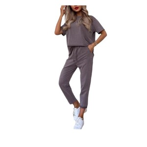Ensemble décontracté 2 pièces pour femme, couleur unie, manches courtes, pantalon court, tailles SMLXLXXLXXXL4XL5XL, gris foncé, chocolat, abricot - Product Image 5