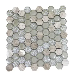 Azulejos de mosaico de vidro para decoração de cozinha, azulejos de mosaico em forma de fundo de cor mista 3D, padrões hexagonais, azulejos de vidro para cozinha