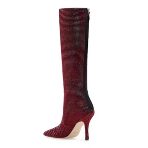 Bottes hautes pour femmes à talon aiguille, confortables, noires, avec fermeture éclair, design personnalisé, entièrement ornées de strass en cristal - Product Image 4