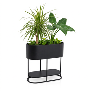 Jardinière ovale moderne en métal noir avec support et étagère de rangement, porte-plantes contemporain pour intérieur, décoration de luxe pour la maison et le bureau - Product Image 1