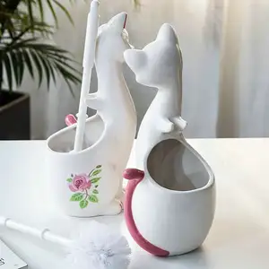 Novelty Bathroom toilet brush holder, Ceramic Cat Shape Toilet brush and holder set, Reusable and Customizable