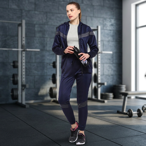 Survêtement pour femme bleu marine à blocs de couleur, fermeture éclair intégrale, à capuche, style sportif décontracté, coupe régulière, en polyester, avec poches latérales, pour l'automne - Product Image 2