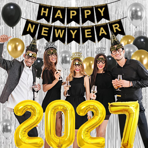 Kit de Artículos para Fiesta de Nochevieja, <span class=keywords><strong>Feliz</strong></span> <span class=keywords><strong>Año</strong></span> Nuevo 2027, Pancarta, Letras de Látex, Gorro de Papel Metálico, Gafas, Diadema, Borlas, Cortina, Decoración - Product Image 5