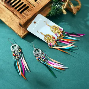 Online Shopping Personality Bohemian Vintage Colorful Rice Bead Tassel Earrings Hollow Feather Earrings