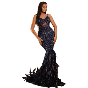 ED2472 Robe moulante élégante à paillettes et plumes pour femmes de haute qualité Robe de soirée de luxe pour l'été Longueur au sol - Product Image 4