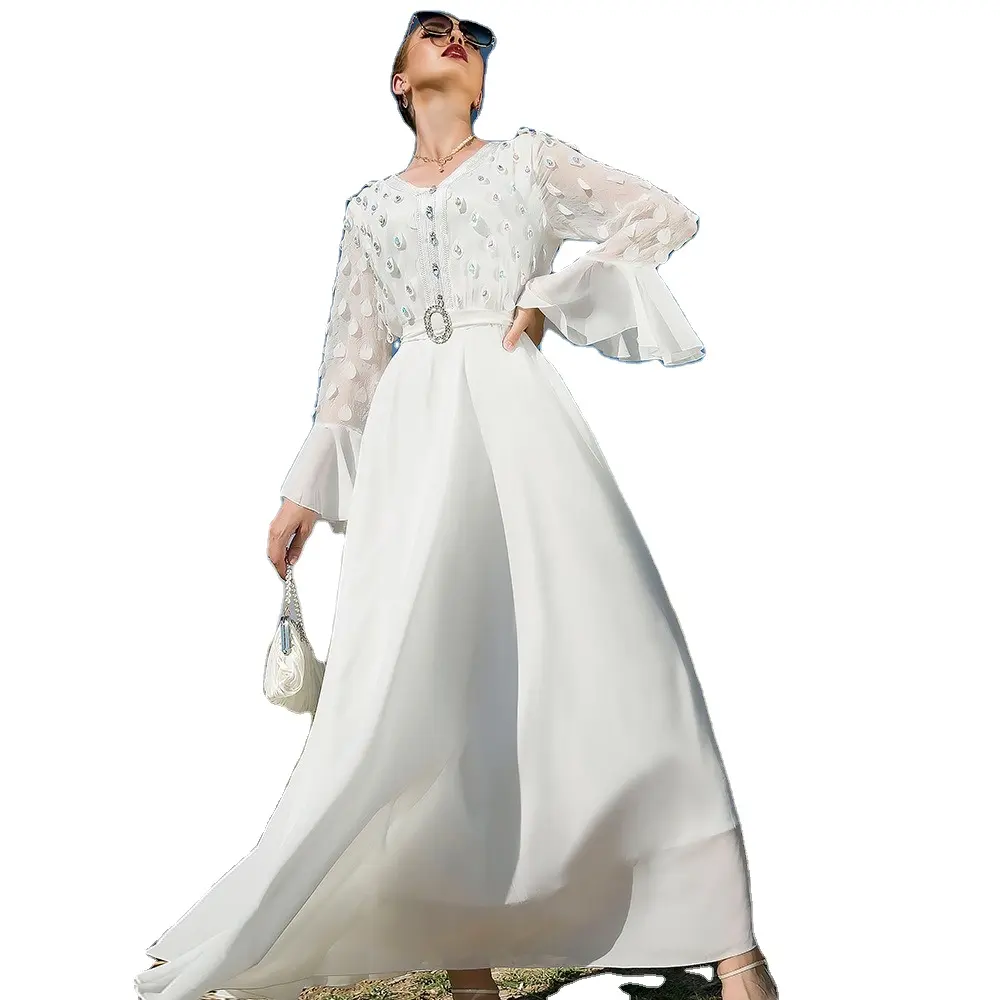 SH0124 새로운 3 d 패치 워크 장식 비즈 화이트 드레스 겸손한 이슬람 의류 중동 모로코 여성 웨딩 드레스