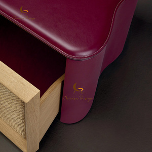 Curved Burgundy Leather Wrapped TV Stand Natural Rattan Mesh Drawer Panels <b>Storage</b> Compartments Household <b>Bedroom</b> Tv <b>Cabinet</b> - Product Image 2