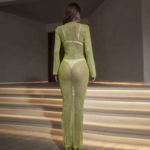 V094 Abito Lungo di Alta Qualità con Cristalli Scintillanti e Strass, Vestito Trasparente in Rete con Strass - Product Image 6