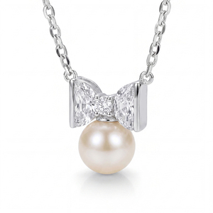 Collar de Perlas de Agua Dulce de Plata S925 con Colgante de Lazo de Circonita Cúbica, Joyería Dulce y Elegante, Regalo para Mujeres y Niñas - Product Image 1