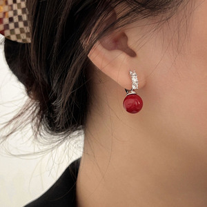 Yinruitai S925 Sterling Silver Diamond Stud <b>Earrings</b> <b>Red</b> Pearl <b>Drop</b> For Women Everyday Wear - Product Image 1