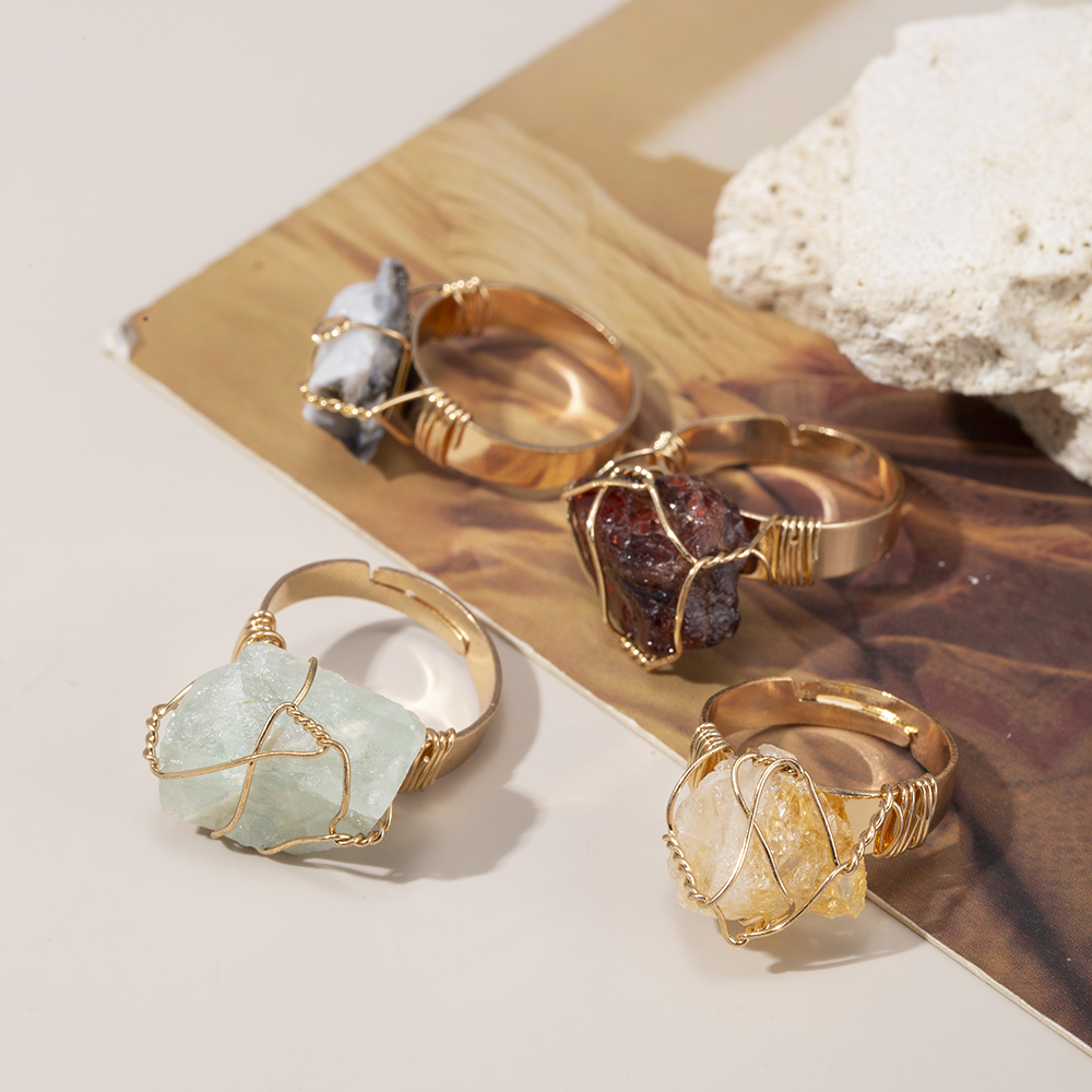 Gold Tone Copper Wire Wrapped Irregular Garnet Quartz Rings - Main Image