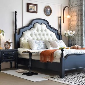 Cama de Madera Maciza Estilo Americano, Diseño Hepburn Negro, Tamaño Doble, Muebles de Dormitorio Modernos de Lujo Francés, Construcción de Madera de Caucho - Product Image 2