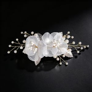 Pinza para el pelo de novia de organza <span class=keywords><strong>con</strong></span> flor, hecha a mano, <span class=keywords><strong>con</strong></span> perlas y hojas de aleación, accesorio para el cabello de boda, tocado floral romántico de malla blanca para mujer - Product Image 3