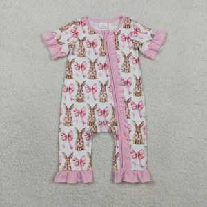 SR2020 Conjunto de pijama para bebé con lazos rosas y estampado de conejito de Pascua, mono para niños, conjunto de ropa de dormir cálida para niños - Product Image 1