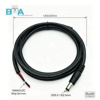 Câble d'alimentation CC 5,5x2,5 mm, fiche mâle vers extrémité dénudée, UL2464 18AWG 1200 mm, PVC noir, cuivre étamé, 300 V, longueur personnalisée