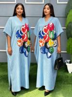 Robe longue décontractée africaine en coton à manches courtes pour femme, motif imprimé, avec foulard, ensemble de vêtements africains pour femme avec boubou
