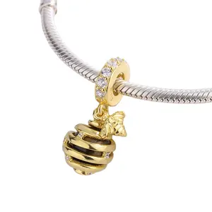 925 Perak Murni 18K Berlapis Emas Lebah Sarang Lebah Menjuntai Jimat untuk Gelang Diy Wanita Pembuatan Perhiasan