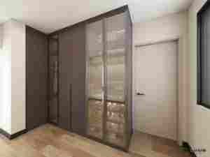 Armoires modernes minimalistes avec porte en verre, éclairage LED, <span class=keywords><strong>dressing</strong></span>, placard en bois foncé avec coiffeuse et miroir rond - Product Image 3